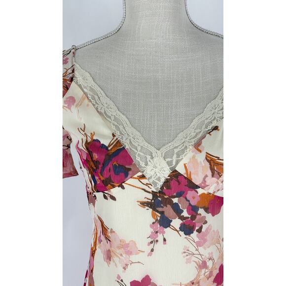 ASOS V Neck Lace Chiffon Floral Midi Tea Dress Womens Size 4 New Cream Pink - Picture 6 of 14